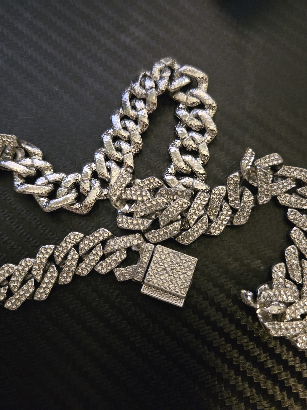 Men's Silver Cuban Link Chain Necklace with Pavé Crystals
